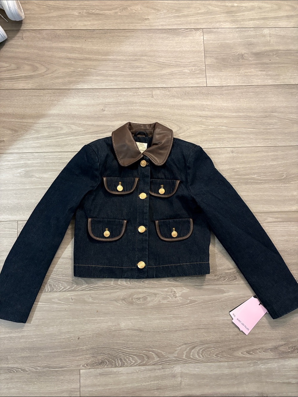 Anthropologie Avec Les Filles Dark Blue Denim Jacket with Brown Trim